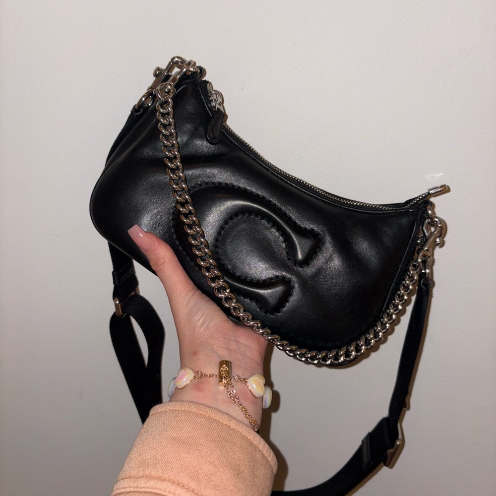 Coach Black Leather Hobo Shoulder Bag with Chain Strap